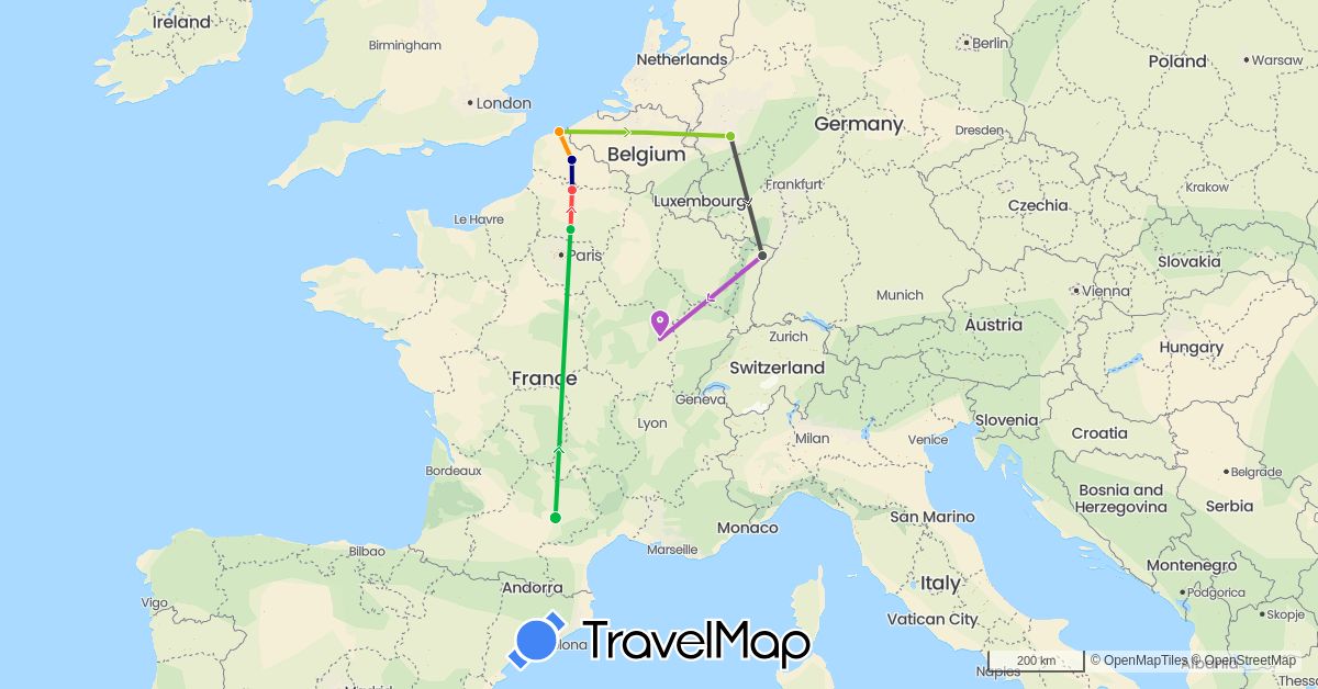 TravelMap itinerary: driving, bus, train, hiking, hitchhiking, motorbike, electric vehicle in Germany, France (Europe)